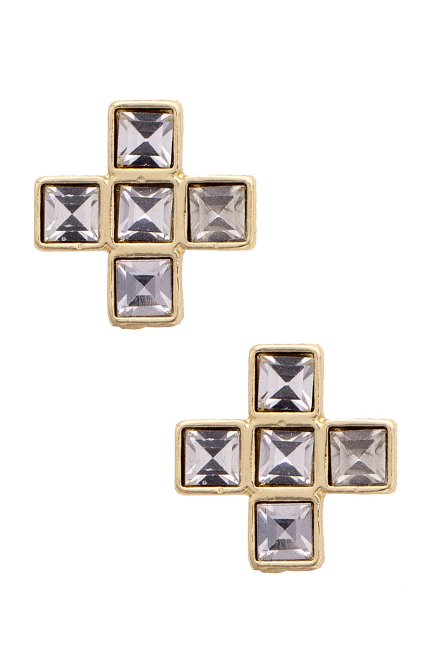 Theodora Rhinestone Cross Stud Earrings in Shiny Gold