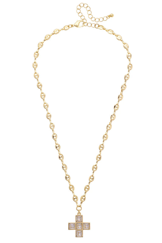 Theodora Rhinestone Cross Necklace in Shiny Gold