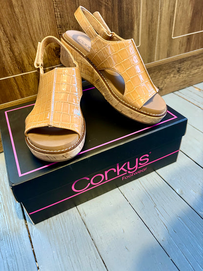 Caramel Patent Croco Wedge