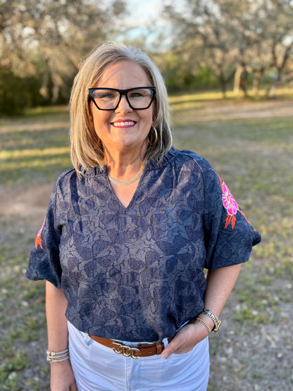 Regan Embroidered Sleeve Floral Top