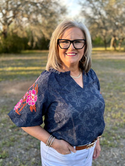 Regan Embroidered Sleeve Floral Top