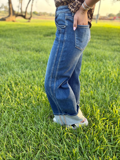 CUFFED DARK WASH JEANS