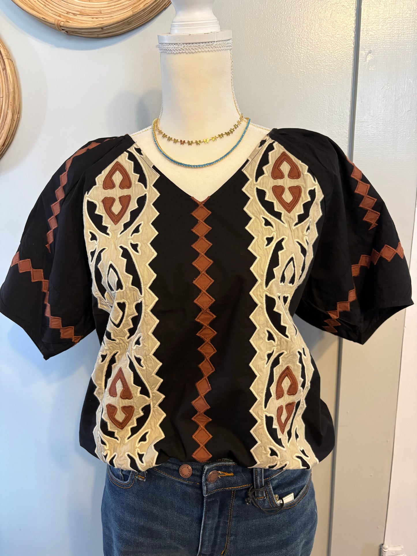 Neutral Applique V-Neck Top by Ivy Jane