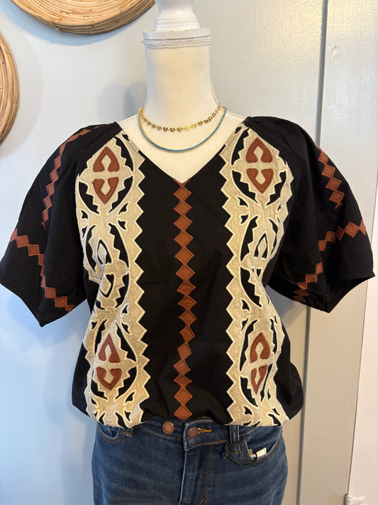 Neutral Applique V-Neck Top by Ivy Jane